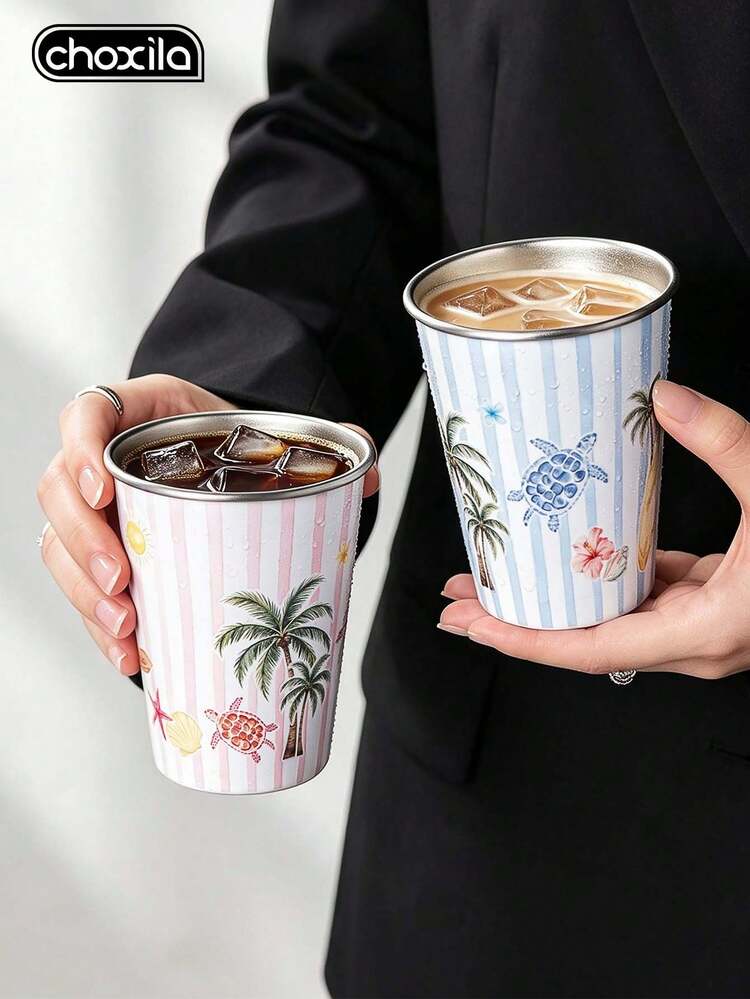 choxila 1個海灘風咖啡馬克杯，椰子樹/海龜/貝殼圖案，夏日風格，350ml，馬克杯，茶杯，適合下午茶、家庭聚會、露營、節日禮物 - 夏日杯 - 查看 1