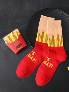 1 Pair Whimsical & Funny French Fries Shaped Mid-Calf Casual Socks, Gift For Men/Women, Creative Realistic French Fries Design, Unique Gift Item, Suitable For Christmas/Halloween/Day Of The Dead/Labor Day/St. Patrick's Day/Father's Day/Easter Gifts, Suitable For Home Relaxation/Family Gathering/Short Trip/Theme Party/Friends & Family Birthday/Couple Anniversary/Date Outing Gifts - Multicolor - View 7