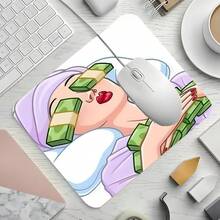 وسادة فأرة مربعة للنساء الكسولات بموضوع الثروة، تصميم نمط رسوم توضيحية حديثة للفتاة مع عناصر مالية ممتعة، وسادة ديكور سطح مكتب جذابة، وسادة مكتبية مطاطية مانعة للانزلاق بحافة مقفلة، حجم صغير مناسب للكمبيوتر المحمول والكمبيوتر المكتبي والألعاب والمكتب والاستخدام اليومي - مشاهدة 4