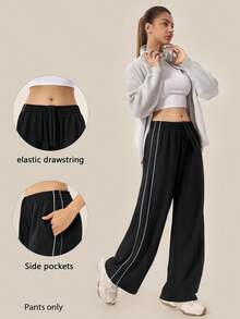 TimeOff Women's 1pc Colorblock Side Vertical Stripe Side Pocket Elastic Waist Wide Leg Pants - Black - View 10