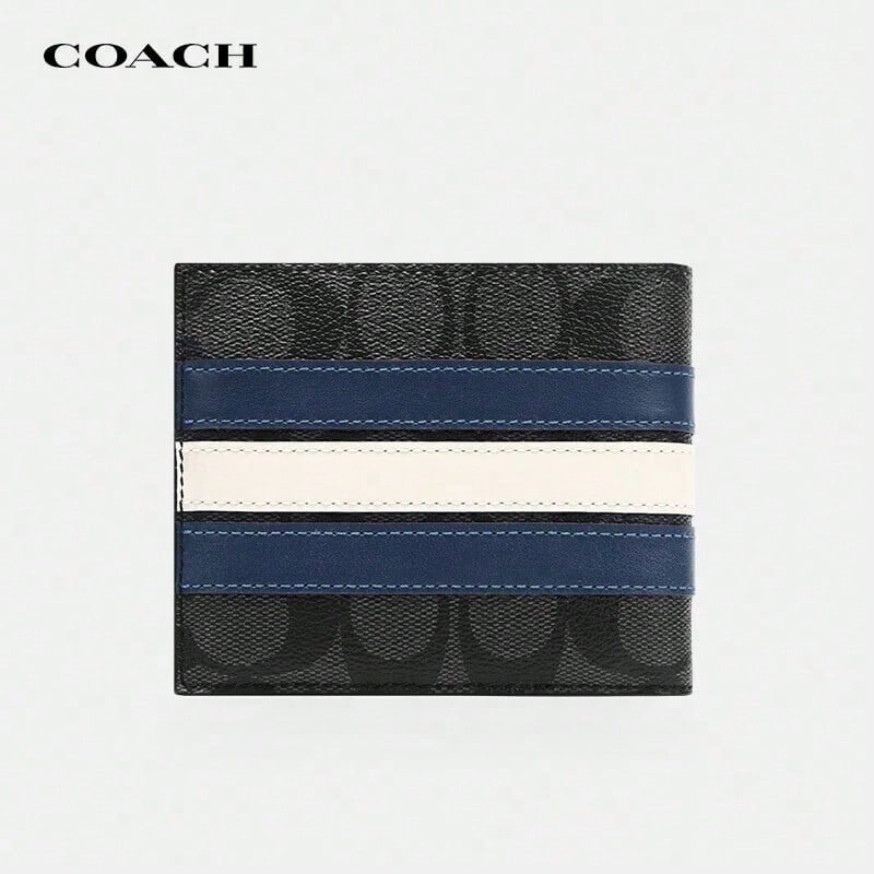 Wallet 3008 Coach Outlet Men's Business Casual Stripe Short Bi-Fold Men's Wallet - Blue and White - View 1