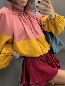 New Fashion Elegant Colorblock Front Short Back Long Zipper Long Sleeve Jacket, Suitable For College, Daily, Travel, Airport Outfits, All Seasons - Pale Yellow - View 1