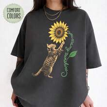 Cat Sunflower T-Shirt, You Are My Sunshine Graphic Tee - 黑色 - 查看 1