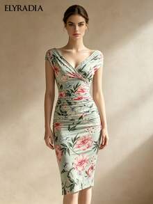 ELYRADIA Summer Dress For Elegant Ladies With Sexy Style, Sleeveless Deep V-Neck Floral Print Pattern, Fitted And Pleated Wedding Guest Luxurious Evening Dress - Baby Blue - View 3