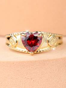 1 Vintage-Style Red Heart-Shaped Zirconia Carved Wide Ring For Women-A Romantic And Atmospheric Women's Ring - Red - View 2