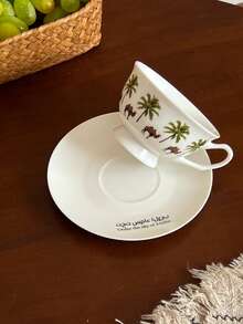 1pc Palm Tree Camel Ceramic Coffee Cup And Saucer, Suitable For Daily Home Use, Kitchen, Restaurant, Cafe, Office; Perfect For Espresso And Arabic Coffee. Saudi Style Coffee Cup, Ideal For Afternoon Tea, Cafe And Kitchen - Perfect Gift. - Multicolor - View 5