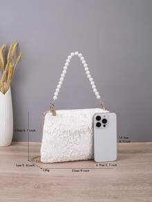 Sac de soirée en dentelle florale pour femmes, sac à bandoulière élégant avec chaîne de perles, sac à main mini bandoulière à double chaîne pour mariage et fête - Blanc - Voir 4