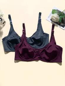 5pcs Solid Color Casual Comfortable Minimalist Side-Support Knit Fabric Bow Women's Plus Size Bra - Multicolor - View 6