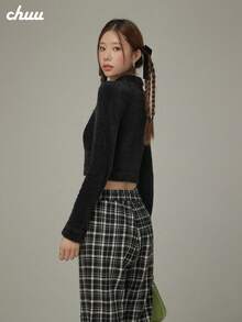 CHUU 素色 Polo 領女款毛衣 秋冬基礎款 毛茸茸長袖針織開襟衫 - 黑色 - 查看 3