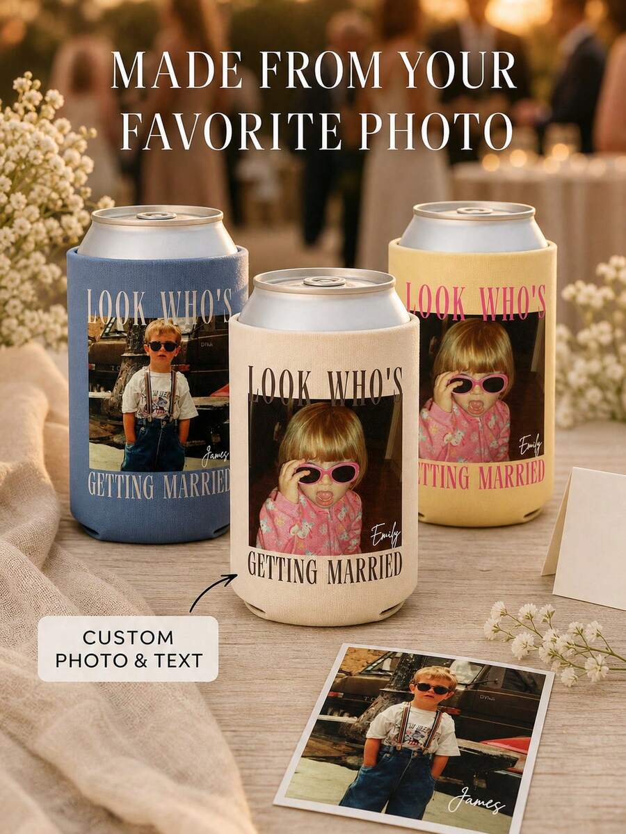 1個個性化婚禮易開罐保冷套,可客製照片與姓名,Look Who's Getting Married 飲料杯套,婚禮派對伴手禮 - 彩色 - 查看 1