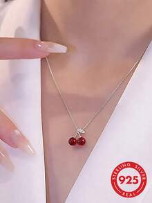 1pc S925 Sterling Silver Gentle Cute Mori Style Fresh Cherry Pendant Necklace, Unique Design Lively Playful Clavicle Chain, Niche Sweet Romantic Atmosphere Light Luxury Versatile Casual Party Neck Accessory For Women - Cherry - View 10