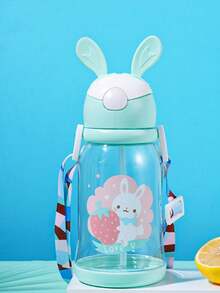 1pc 500ml Kids Rabbit Ear Straw Cup, Cute Cartoon Plastic Cup, Student Shoulder Strap Water Bottle, Large Capacity Sports Water B, First Day Of School - Multicolor - View 24