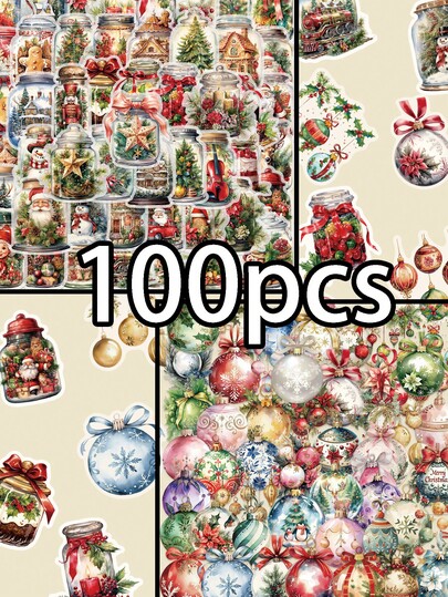 100 piezas de pegatinas de PET navideñas - Perfectas para notas adhesivas, planificadores diarios, fundas de teléfono y decoraciones de guitarra. Estas pegatinas vibrantes son excelentes recompensas y regalos navideños, e ideales para adultos.
