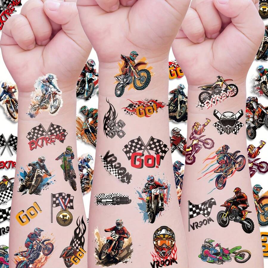 FTVLTAT 10 Sheets Motorcycle Racing Bike Temporary Tattoo Stickers, Watercolor Long-Lasting Waterproof Tattoo Stickers, Perfect For Party Accessory Supplies, Motorcycle Theme Party Essential - Multicolor - View 1