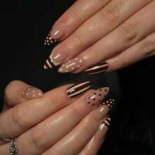 Autumn/Winter Nails, 24pcs/Set Almond Shape French Polka Dot Zebra Stripe Press-On Short Nails Wearable Set Suitable For Hot Girls, Office Women, Parties, Dates And Daily Wear And Party Use - Multicolor - View 8