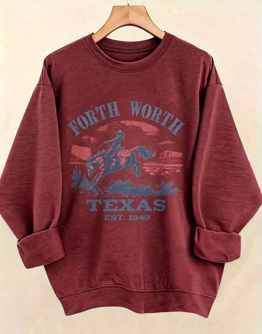 Women's Western Style Fort WorthTexasEST1849CowboyPatternHoodieSoftCrewNeckPulloverWith Cactus And Longhorn DesignComfortableCasualLongSleeve Sweater - 栗子色3 - 查看 1