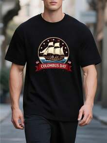 Men's Columbus Graphic Print T-Shirt With Vintage Ship Design, Machine Washable Summer Casual Top - 黑色 - 查看 1