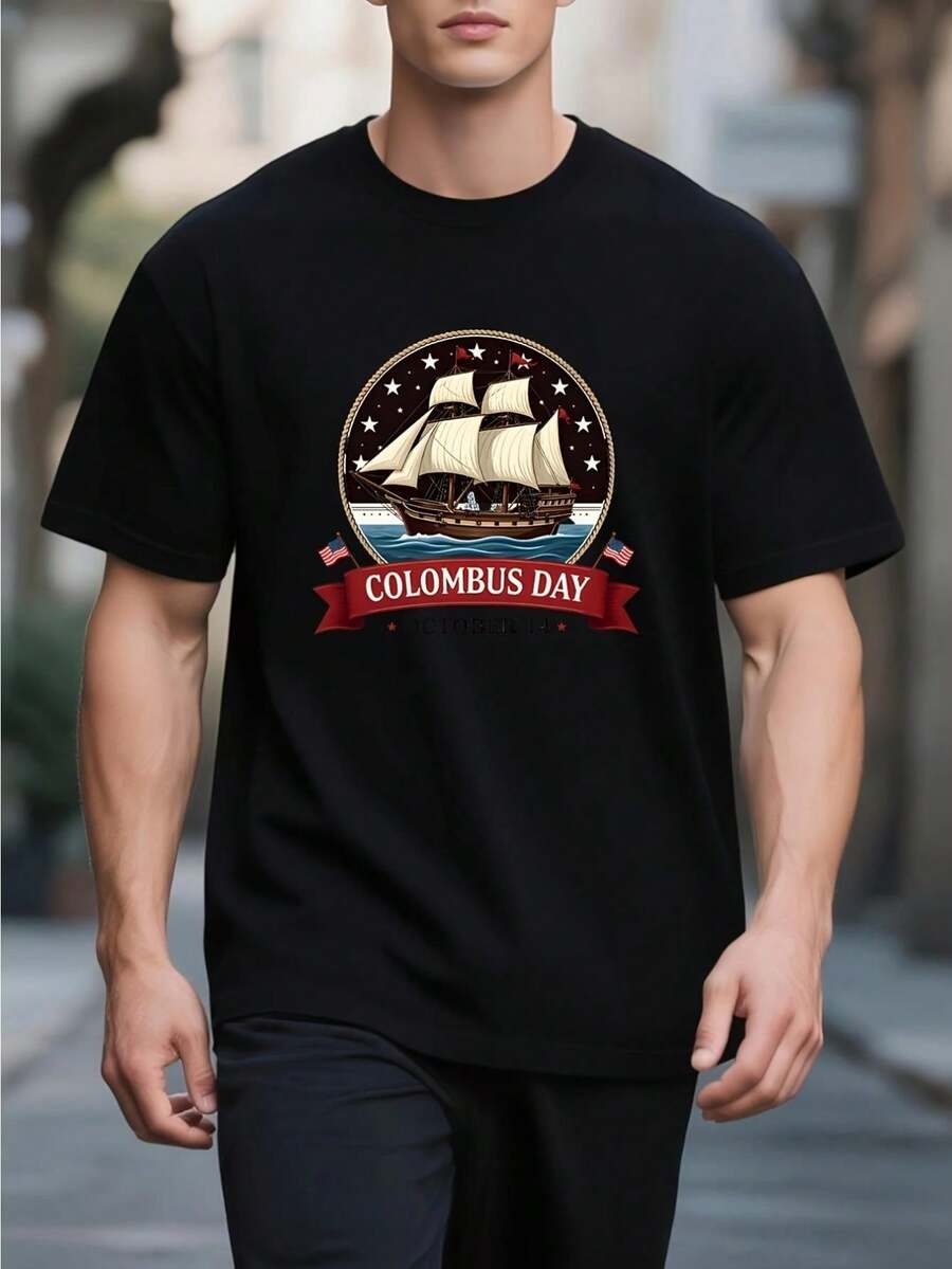 Men's Columbus Graphic Print T-Shirt With Vintage Ship Design, Machine Washable Summer Casual Top - 黑色 - 查看 1