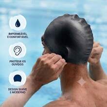 Touca de Natação Silicone Adulto com Proteção Auricular Impermeável Alta Elasticidade Unissex Piscina - 1 UNID- TOUCA PRETA - Visão 6