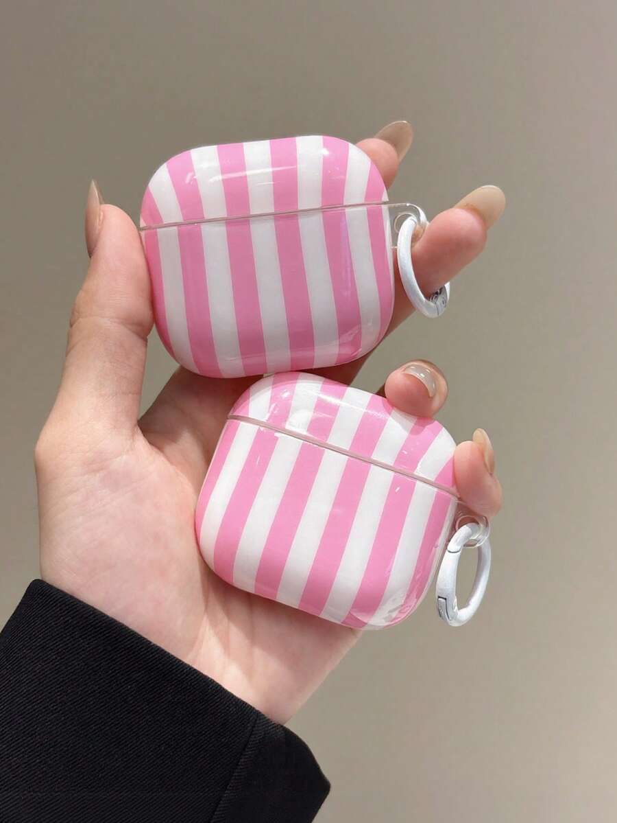 Pink Striped Element Fashion Matte Vertical Stripe 2-In-1 Earphone Case (Pink & White) Compatible With AirPods 4/ 3/ Pro/ 1/2 - Pink and White Stripes - View 1