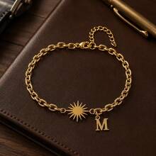 1pc Fashion Simple Golden Sun Initial Pendant Stainless Steel Chain Bracelet For Men - Yellow Gold - View 3