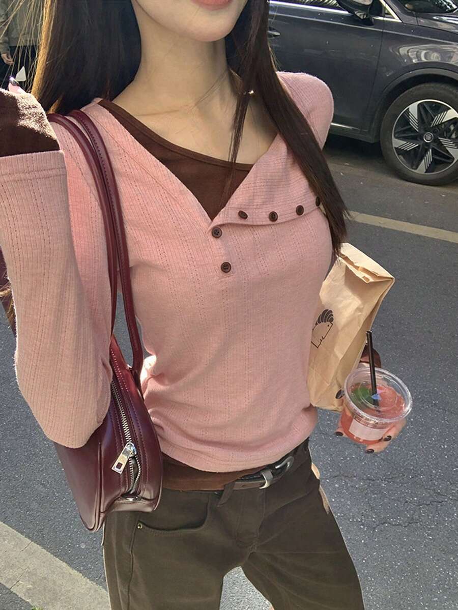 女款新款迷人粉色長袖T恤，2合1針織修身內層上衣