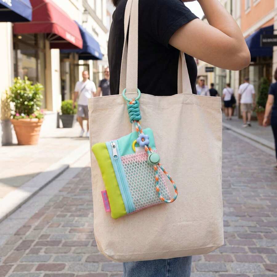 1pc Colorblock Mesh Mini Storage Bag With Adjustable Braided Lanyard, Portable Zipper Card Holder, Lightweight Polyester Key Pouch, Cute Floral Snap Wristlet, Women's Daily Travel Accessory Organizer, Suitable As A Gift - Multicolor - View 1