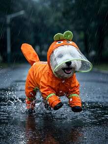 1pc Orange Printed Dog Raincoat, Cute Cartoon Style Waterproof Polyester Fiber With TPU Lining, Full Body Four-Paw Design, With Transparent Hood Brim, Leash Hole And Boot Shaft, Suitable For Small Dogs Like Teddy, Bichon Frise And Others For Rainy Days And All Seasons - Multicolor - View 9