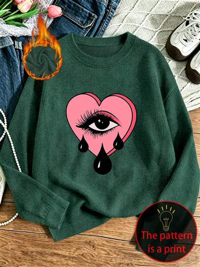 Plus-Size Women's Casual Sweater, Heart And Eye Prints, Round Neck, Long Sleeves, Autumn And Winter, Plus-Size Women's Top.