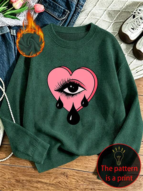 Plus-Size Women's Casual Sweater, Heart And Eye Prints, Round Neck, Long Sleeves, Autumn And Winter, Plus-Size Women's Top.