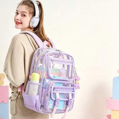 Transparenter PVC-Rucksack mit Erweiterungsfunktion, wasserfest, Farbblock-Design, neutraler Schulrucksack für Mittelschule und Ausflüge