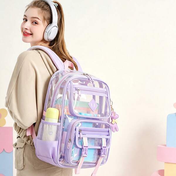 Transparenter PVC-Rucksack mit Erweiterungsfunktion, wasserfest, Farbblock-Design, neutraler Schulrucksack für Mittelschule und Ausflüge