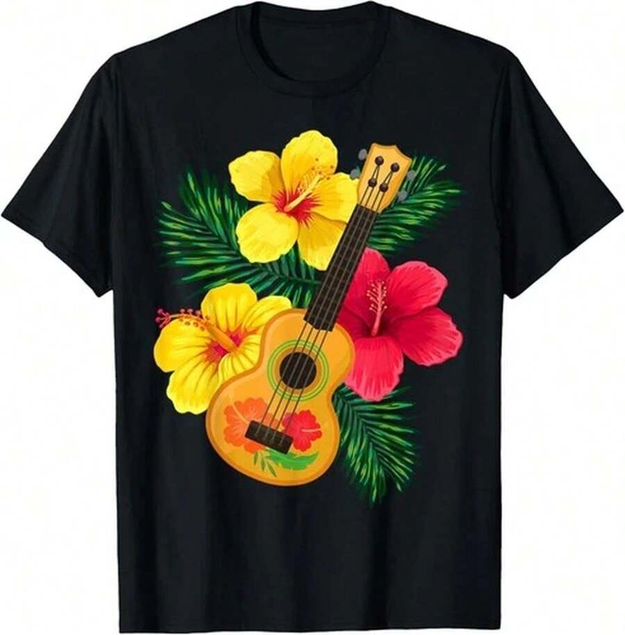 Folk Art Heart Floral Colorful Crew Neck T Shirt - 黑色 - 查看 1