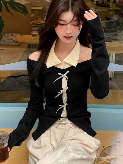 New Autumn/Winter Cold Shoulder Top Korean Style 2 Inn 1 Sweater