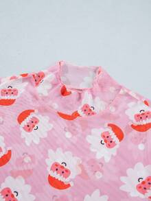 Acelitt Women's Casual Pink Bottom Cartoon Santa Claus Print Ruffle Collar Slim Fit Long Sleeve Christmas Top - Multicolor - View 4