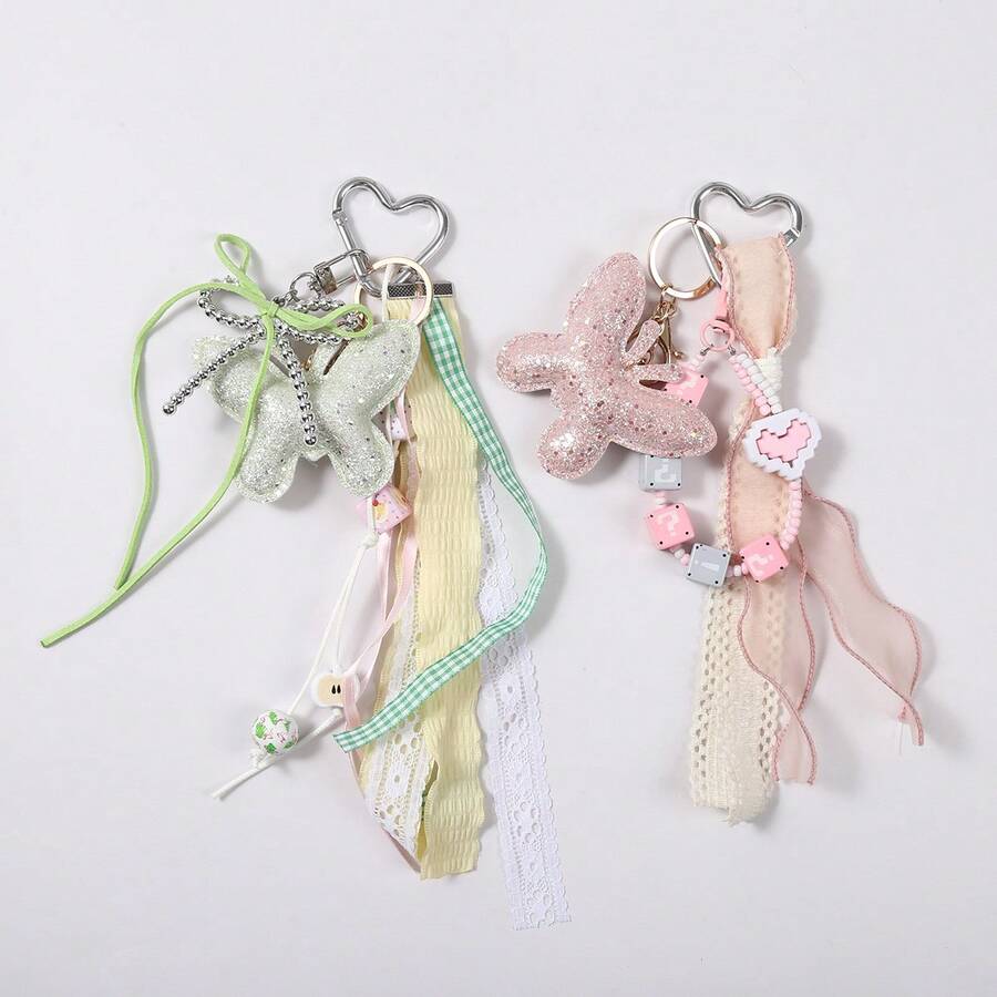 Rhinestone Butterfly Macaron Acrylic Beaded Keychain With Lace Cord, Fresh Style Bag Charm For Girls - Multicolor - View 1