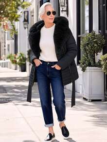 Women's Autumn/Winter Faux Leather Down Jacket, Faux Fur Collar, Teacher Style, Adjustable Waist, Fashionable Commute And Layering Choice - Black - View 5