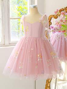 Tween Girls Spaghetti Strap Embroidered Floral Mesh Sweet Elegant Princess Dress, Flower Girl Dress Suitable For Party, Vacation, Outing, Evening Gala, Ball, Birthday Party, Fabric Floral Pattern Random Cut - Dusty Pink - View 6