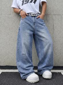 1pc American Vintage Washed Loose Wide Leg Men's Jeans, Non-Stretch Snowflake Wash Process - Blue - View 4