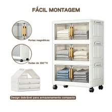 Armário Organizador Multiuso Dobrável 3 Andares Largura 38cm Cor Branco Creme, Portas Semitransparentes Fumê, Travas Laterais Empilháveis, Rodinhas Giratórias 360° com Sistema de Trava, Armazenamento à Prova de Poeira, Ideal para Roupas, Cosméticos, Brinquedos, Utensílios Domésticos, Livros,Quarto,  Cozinha e Sala - Visão 4