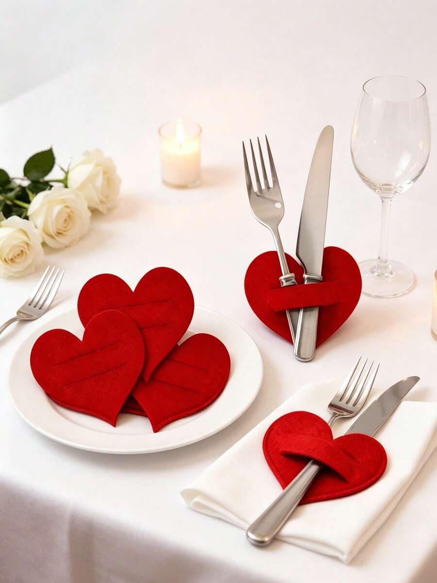 24pcs/12pcs/2pcs Red Heart-Shaped Felt Tableware Set, Star-Shaped Knife, Fork, Napkin Mat, Suitable For Valentine's Day Table Decor, Holiday Party Scene Decoration, Wedding Scene Decoration, Christmas Party - Multicolor - View 1