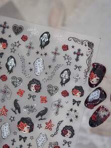 1 Gothic Style Halloween Nail Art Luxury Sticker, Skull Ghost Cross Raven Rose Clock Self-Adhesive Nail Art Charm Sticker, Dark Retro Horror Nail Art Decoration Sticker - Multicolor - View 3