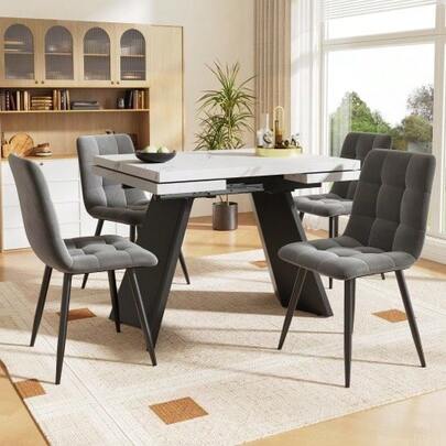 Dining Set (5-Piece), Dining Table Set, Extendable Dining Table Set For 4 People, 160*80*75cm Dining Table With 4 Dining Chairs, Grey Velvet Dining Chair, White Dining Table With Flat Table Legs
