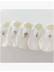 5 Pairs Women's Solid Color Ribbed Ankle Lined Short Invisible Socks, Thin Non-Slip Invisible Boat Socks, Suitable For All Seasons - White - View 6
