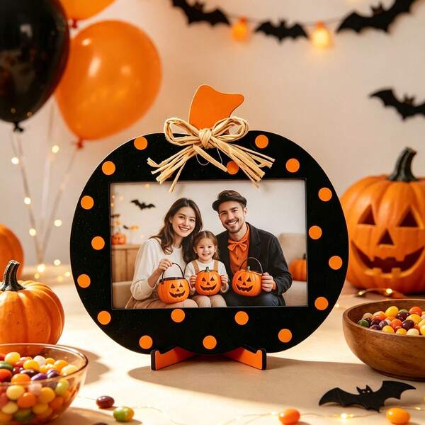1/2pcs Halloween Pumpkin Wooden Photo Frame, 2 Styles Black & Orange Polka Dot And Striped Desktop Photo Frame With Straw Bow, Autumn Harvest Family Photo Display Stand, Home Living Room Bookshelf Decor, Halloween Party Thanksgiving Autumn Decoration