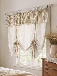 1pc Vinatge Plaid Valance Tie Up Curtain, Farmhouse Linen Balloon Window Shade, Light Filtering Adjustable Bow Roman Curtain For Bedroom Kitchen Cafe Window Decor - Beige - View 2