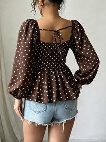 Blus Wanita Lengan Panjang Model Peplum Motif Polkadot Cokelat Vintage - Coffee Brown - View 2