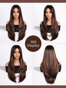 Natural Deep Brown Highlighted Long Wavy Layered Wig 61cm Middle Part Synthetic Fiber Wig Suitable For Daily Fashion, Halloween Christmas Party, Gothic Witch Cosplay, Comes With Wig Cap - Brown Highlight - View 7