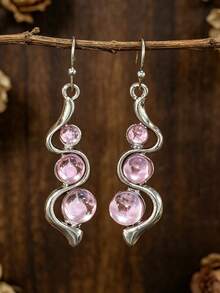 1 Pair New Bohemian Creative Curved Wave Inlaid Aquamarine Cat's Eye Stone Exquisite Earrings - Pink - View 6