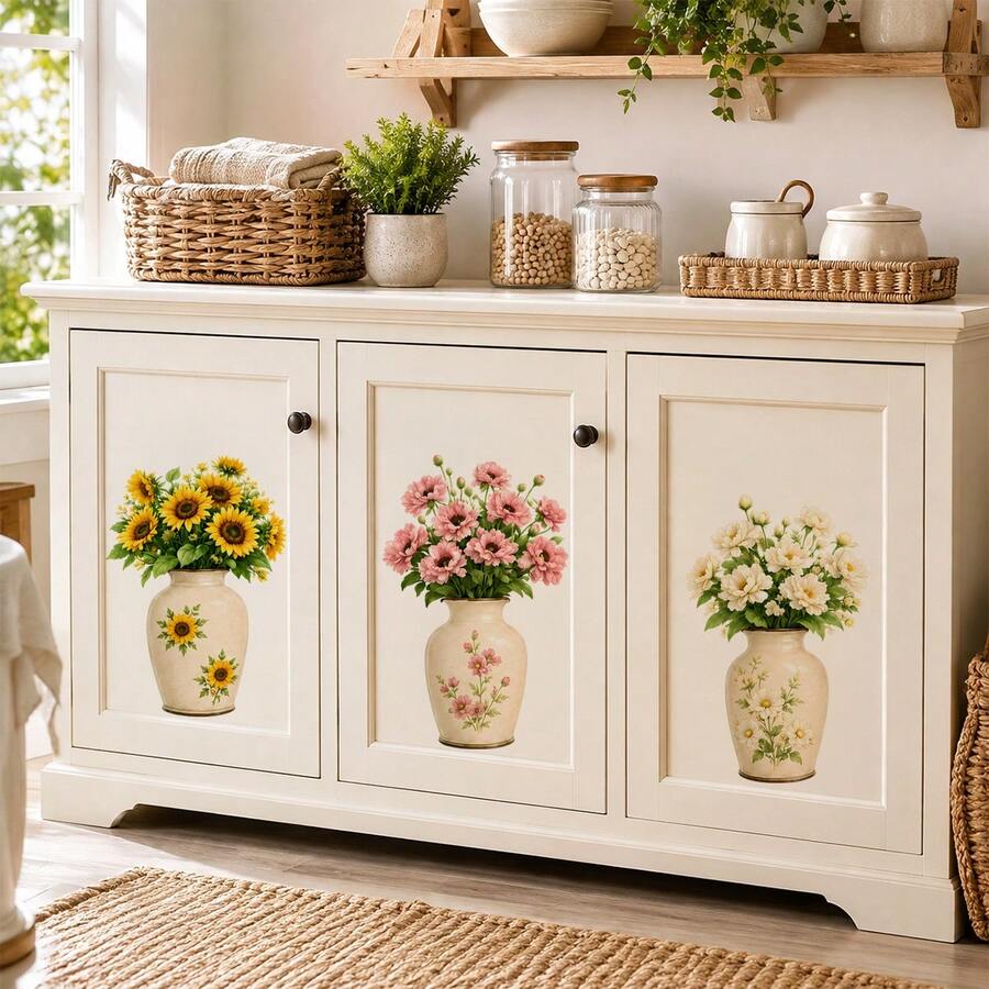 Vintage Floral Vase Cabinet Stickers, Elegant Flower Wall Decals, Removable, Suitable For Kitchen Cabinets, Furniture And Farmhouse Style Home Decor - Vase Wall Sticker - View 1